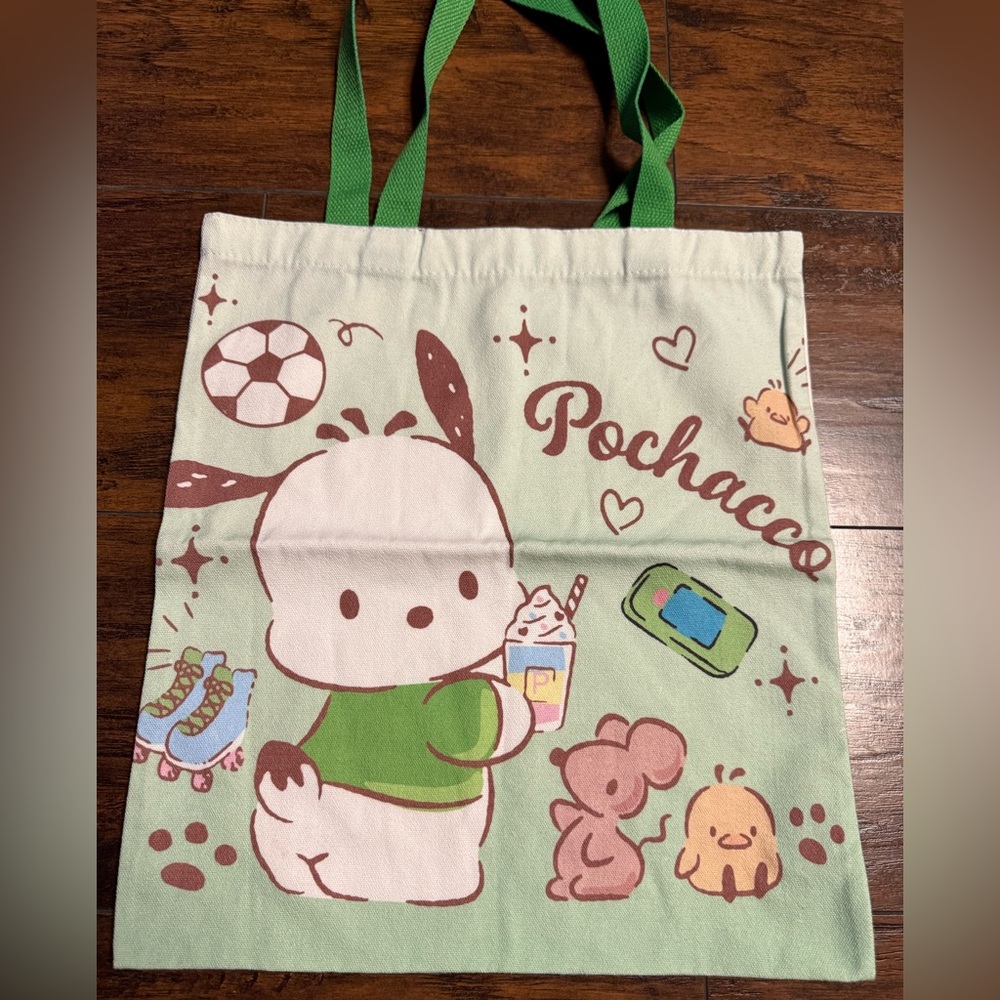 Cute Pochacco Tote Bag with Green Handles Sanrio New Without Tags